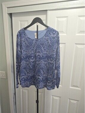 Chico's 3 XL 16 Blue Geometric Mosaic Print Mesh Layered Blouse Long Sleeve Top